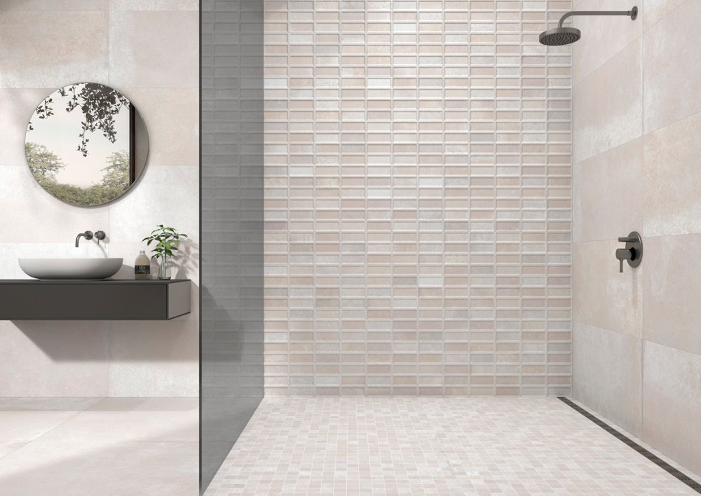 baño con ducha de azulejos de relieve cuadrados tipo rústico