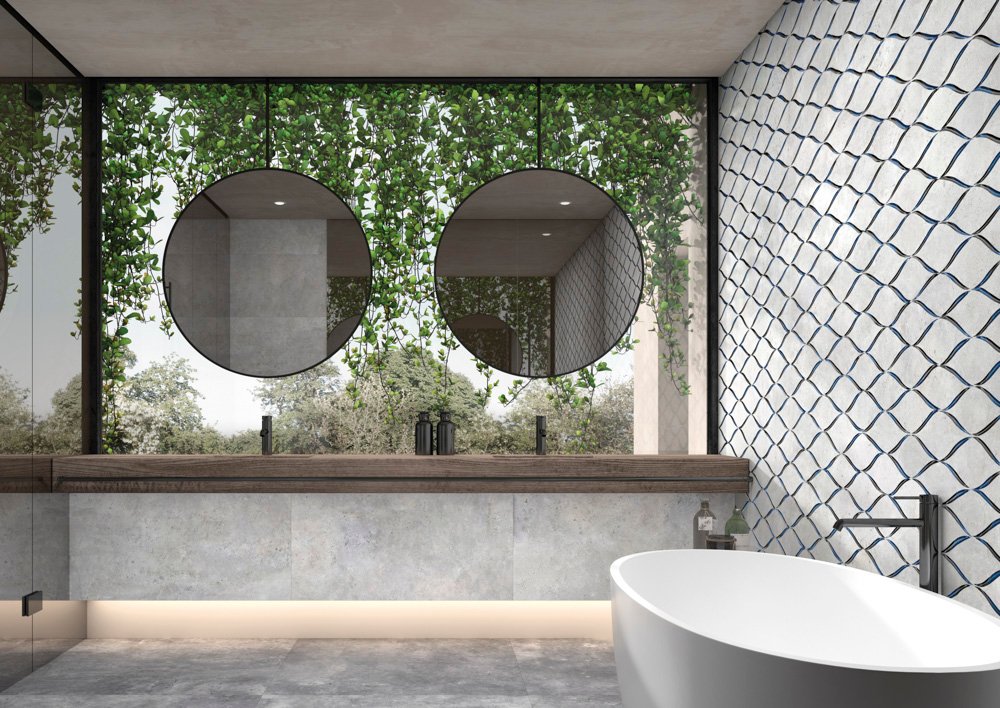 azulejos tipo cemento gris en baño grande de Apavisa