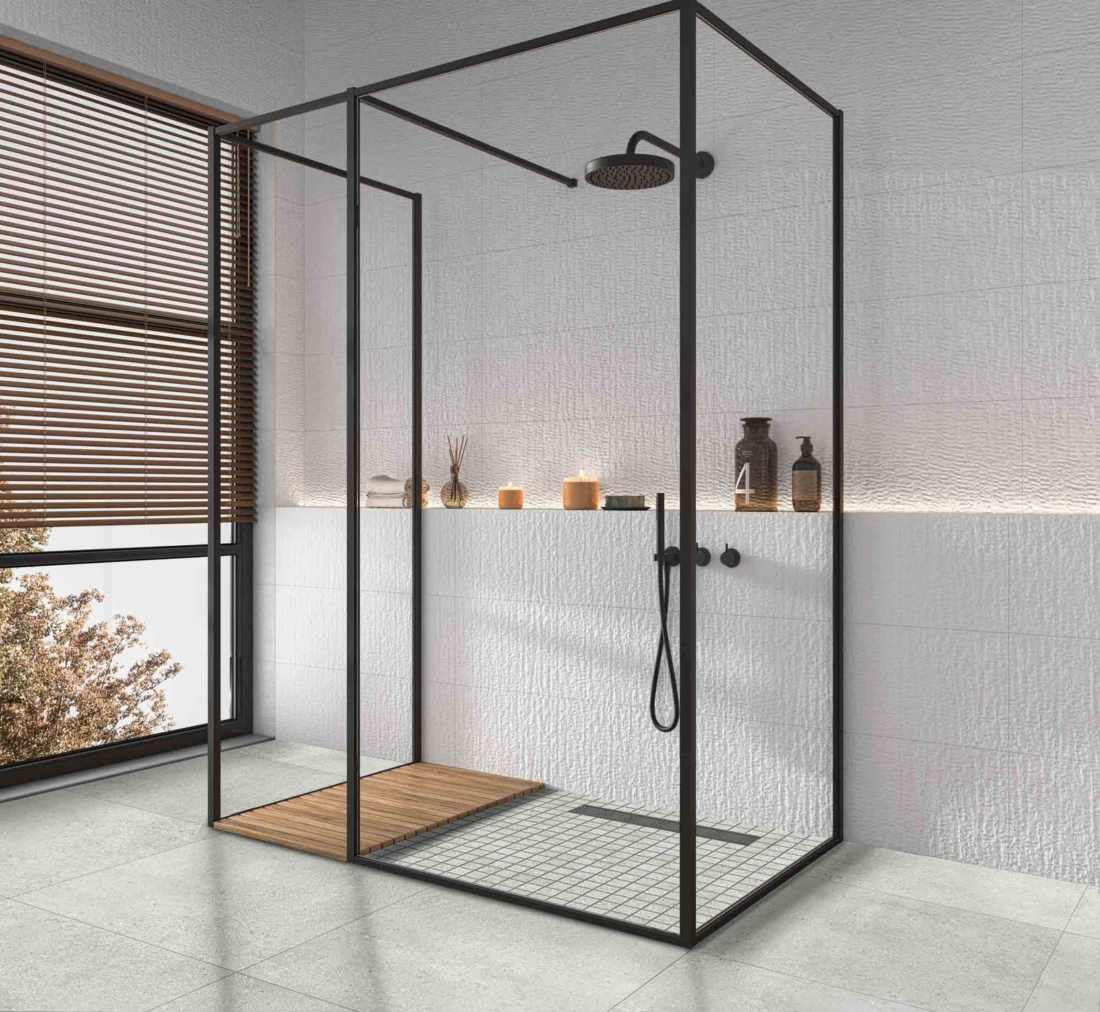 aseo con baldosas en pared y suelo. Pared blanca con relieve