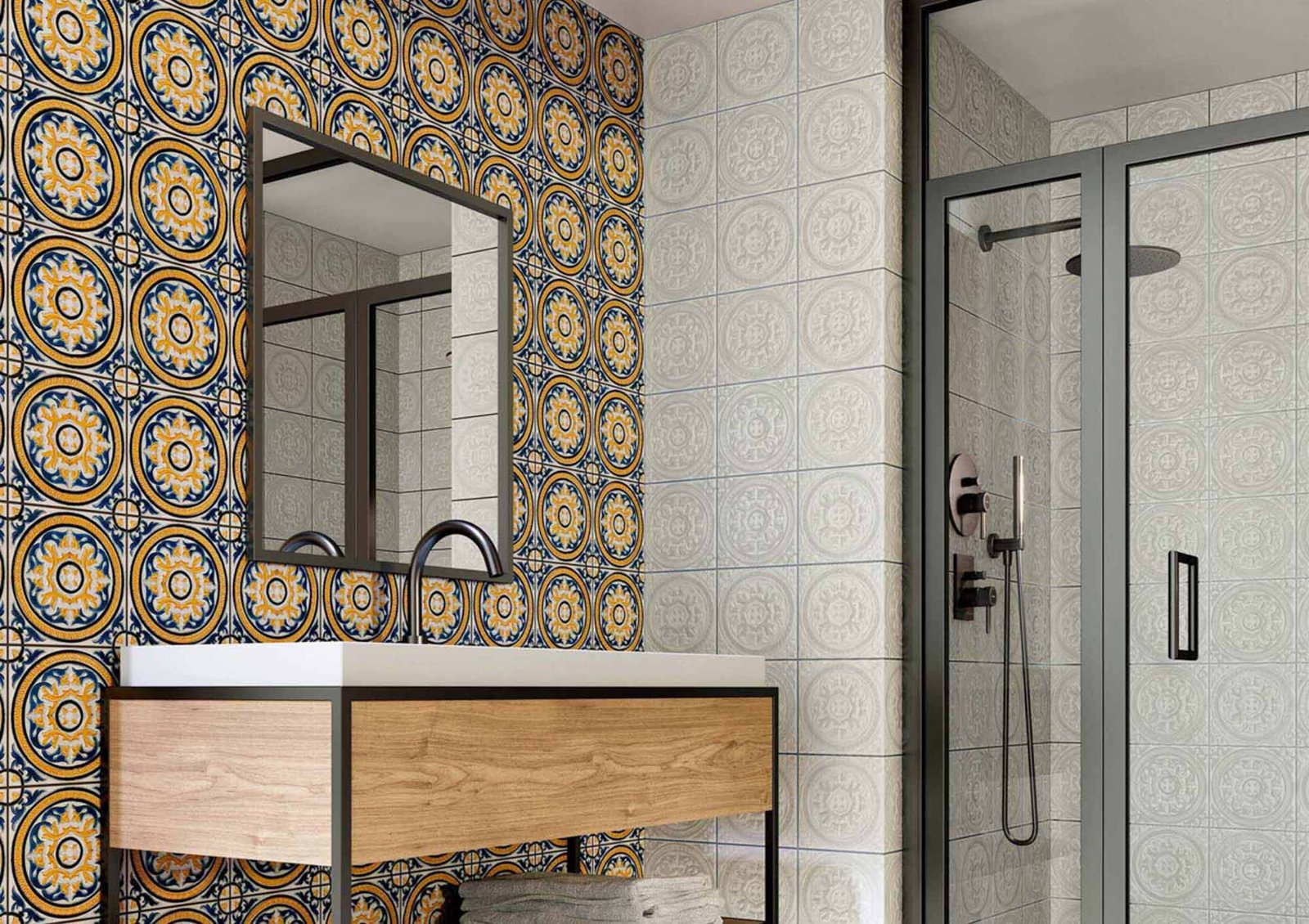 azulejos hidráulicos decorativos en las paredes del baño